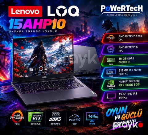 Yeni Lenovo LOQ, 15.6 AMD Ryzen 7, 512 GB, Ünvandan götürmə, Pulsuz çatdırılma, Ödənişli çatdırılma — Bakı