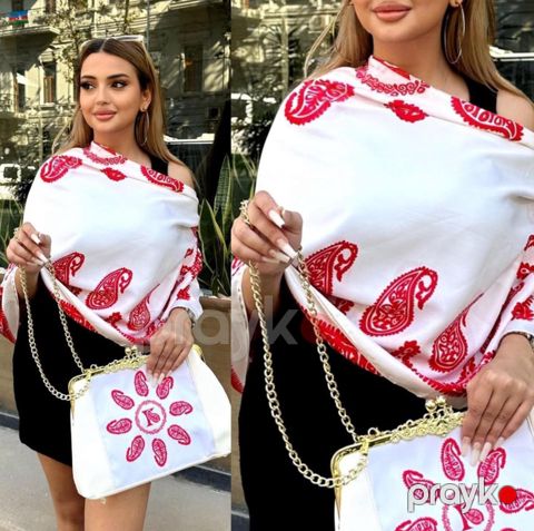 Kəlağayı MM39, ipək, ağ/qırmızı, 90x90 sm — Bakı
