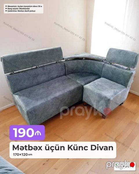 Mətbəx üçün künc divan – 170×120 sm - Kompakt L-formalı dizayn — Bakı