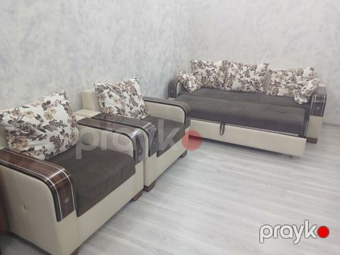 Qonaq otağı üçün 3-lü dəst: divan + 2 kreslo - Rəng: krem + qəhvəyi — Sumqayıt