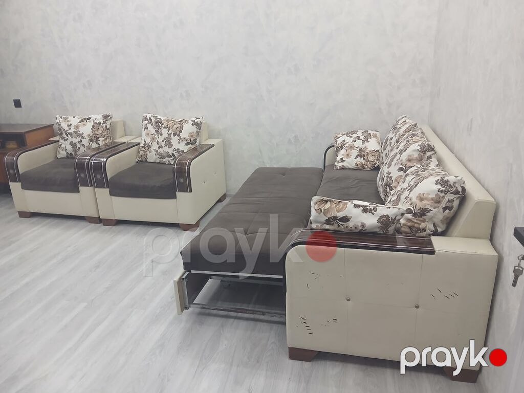 Qonaq otağı üçün 3-lü dəst: divan + 2 kreslo - Rəng: krem + qəhvəyi — Yumşaq mobilya dəstləri, Sumqayıt (4)