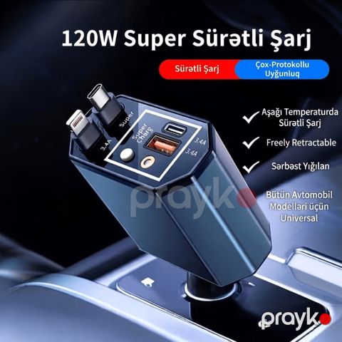 120W Super Fast Charging – Çıxarılan Kabel və Çoxçıxışlı Universal Avtomobil Adapteri — Bakı