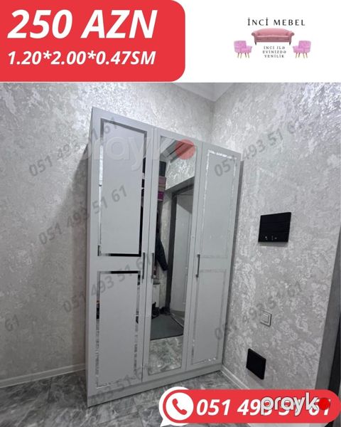 Yeni, 3 qapılı, Güzgülü, Boz, Açılan, Düz dolab — Bakı