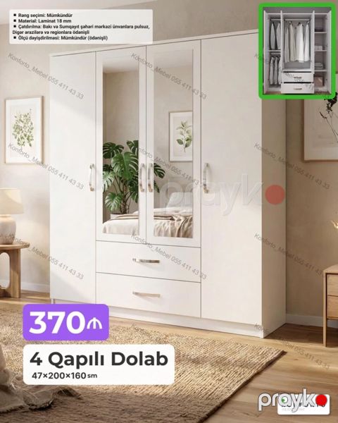 4 qapılı geyim dolabı - Ölçü: 47 200 160 sm - Material: 18 mm — Bakı