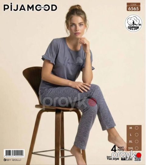 Şalvarlı pijama dəsti qadınlar üçün Pijamood 6565_RB, pambıq, boz, ölçü XL — Bakı