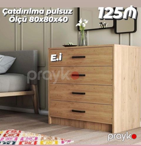 Komod – 4 çekmecəli, təbii ağac teksturalı dizayn. - Ölçü: 80×80×40 sm — Digah