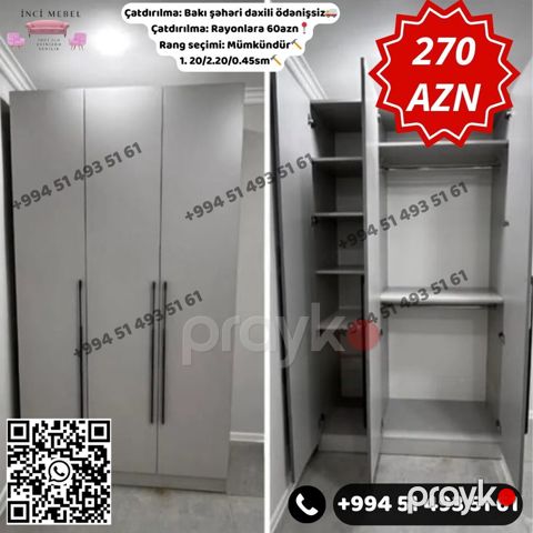 Yeni, 3 qapılı, Boz, Açılan, Düz dolab — Bakı