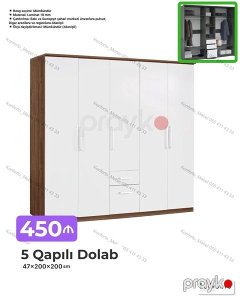 Düz dolab, Paltar üçün, Açılan, Korpuslu, 5 qapı — Bakı
