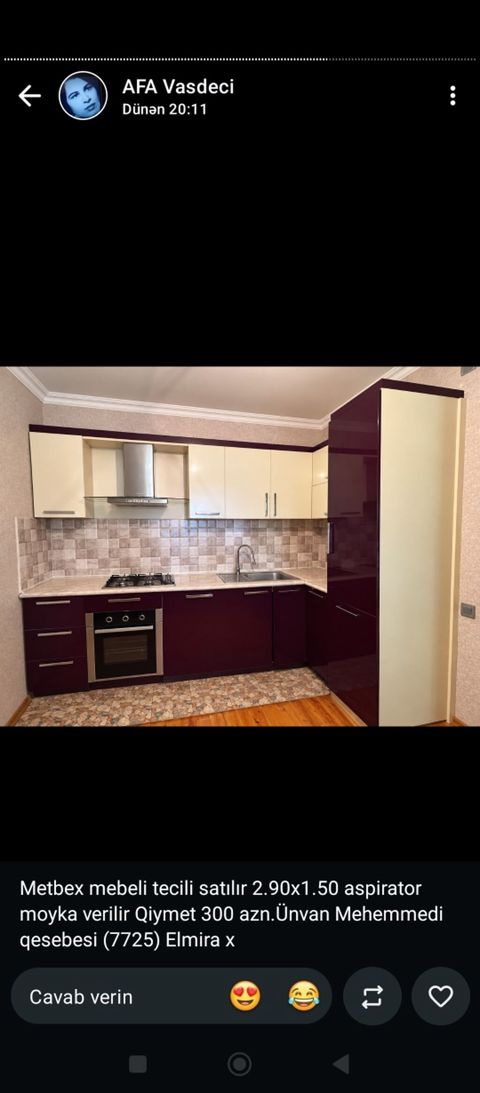 077 613 12 74 Mətbəx mebeli satılır. Ölçü: 2.90 x 1.50 m — Mətbəx mebeli