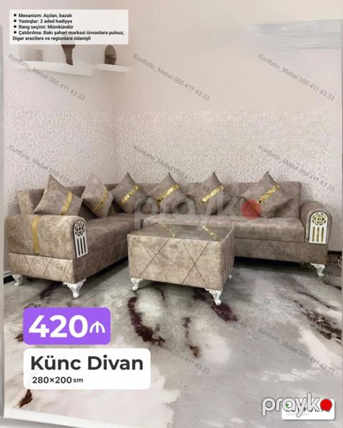 Künc divan – 280×200 sm - Mexanizm: açılan, bazalı (yataq funksiyası — Bakı