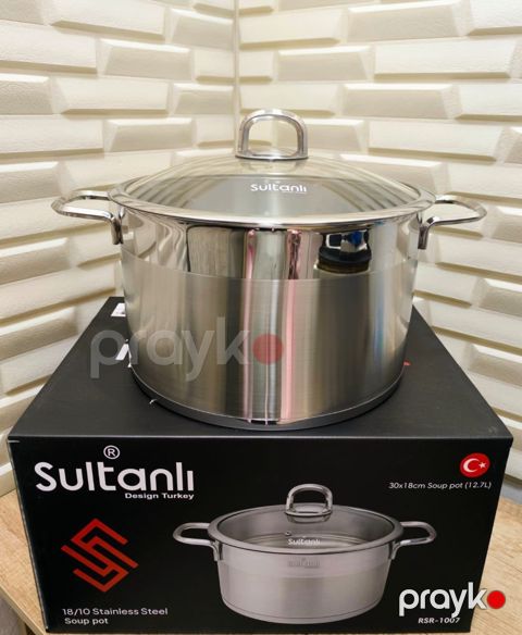Qazan Sultanlı, 30x18 sm, 12.7 l, paslanmayan polad, Türkiyə istehsalı, qapağı şüşə, tutacaqları gümüşü - TW-RZ236 — Bakı