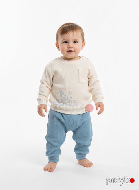 Oğlanlar üçün şalvarlı dəst TK10334, krem/mavi, pambıq, 3-6 ay