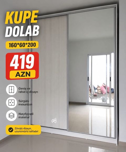 Kupe dolab – sürgülü mexanizmli, güzgülü ön panel. Ölçülər: 160×60×200 — Dolab Taxt Çarpayı Mebel Fabriki ✨Əfsanə.x — Şkaflar