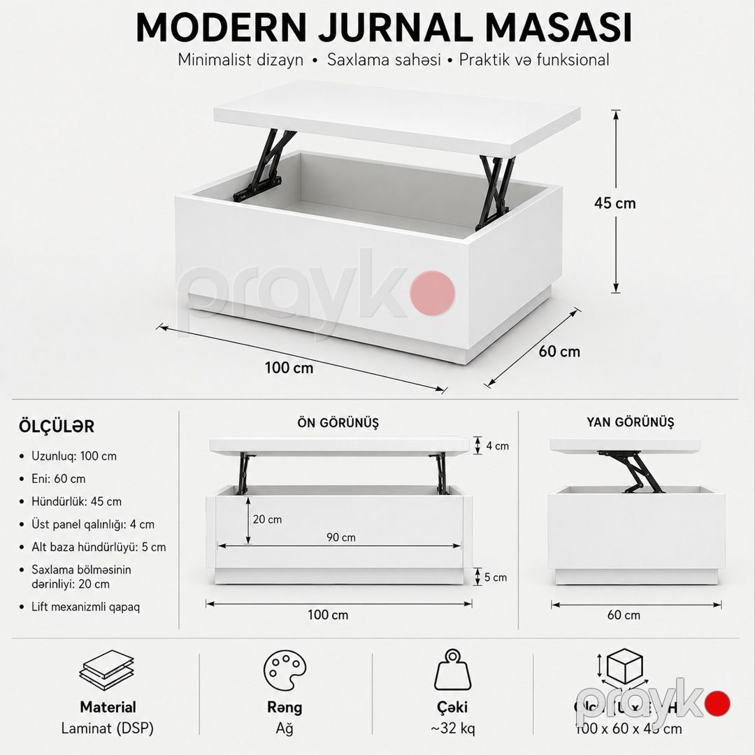 Jurnal masası, laminat, ağ, 100x60x45 sm — Jurnal masaları, Bakı (2)