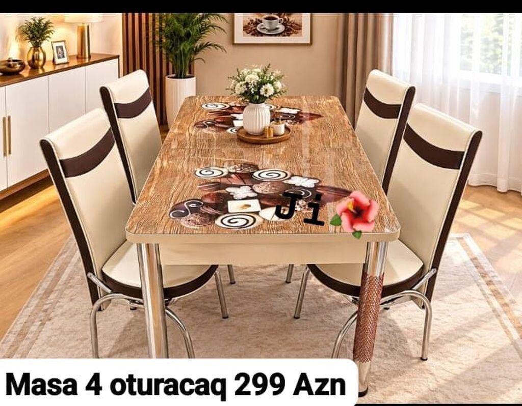 Mətbəx/qonaq otağı üçün masa və 4 ədəd oturacaq dəsti. - Masa üstü — Masalar və stullar, Sumqayıt