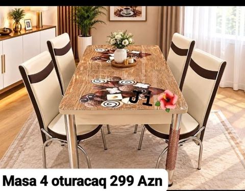Mətbəx/qonaq otağı üçün masa və 4 ədəd oturacaq dəsti. - Masa üstü — Dolab Taxt Çarpayı Mebel Fabriki ✨Əfsanə.x — Tables and chairs