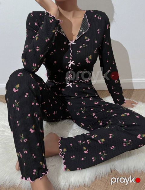 Qadınlar üçün şalvarlı pijama dəsti 2300, qara, pambıq, ölçü S/M — Bakı