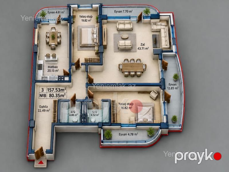 Satılır 3 otaqlı Bina evi menzil (Yeni tikili), 157.53 m², Yasamal rayonu — Mənzil, Bakı (2)