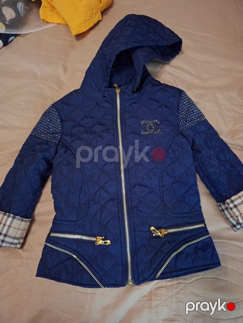 Uşaq üçün qız jaketi – tünd mavi rəngdə, kapüşonlu, quilted (naxışlı) — Bakı