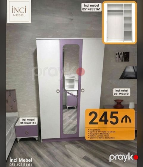 Yeni, 3 qapılı, Güzgülü, Rəngli, Açılan, Düz dolab — Bakı