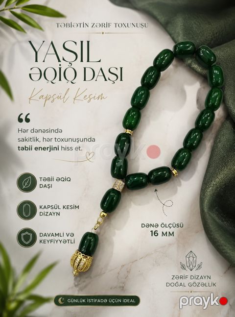 Təsbeh MB2329, tünd yaşıl, təbii daş/əqiq, 20 sm — Bakı
