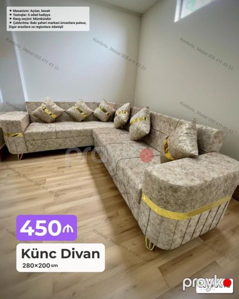 Künc Divan – 280×200 sm - Açılan, bazalı mexanizm - 6 ədəd yastıq — Bakı