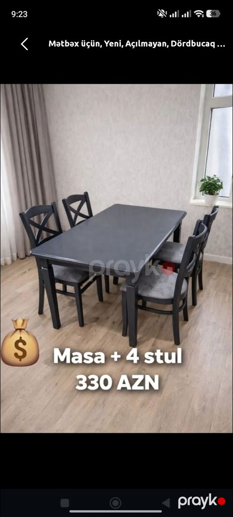 Mətbəx üçün, Yeni, Açılmayan, Dördbucaq masa, 4 stul — Bakı