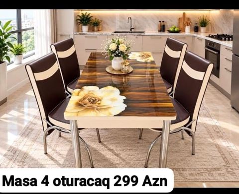Mətbəx üçün masa və 4 ədəd stul dəsti - Dəst: 1 masa + 4 stul — Dolab Taxt Çarpayı Mebel Fabriki ✨Əfsanə.x — Tables and chairs