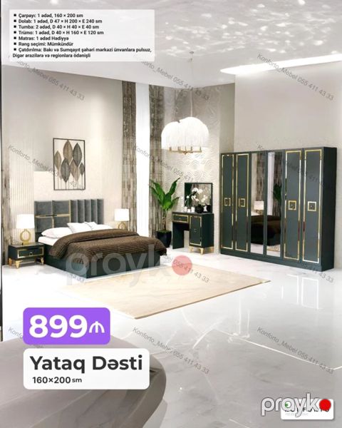 Yataq Dəsti – 160×200 sm Komplekt: - Çarpayı: 1 ədəd, 160×200 sm — Bakı