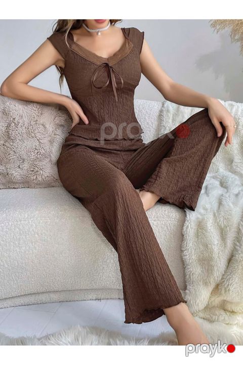 Qadınlar üçün şalvarlı pijama dəsti 0901, qəhvəyi, pambıq, ölçü L/XL — Bakı