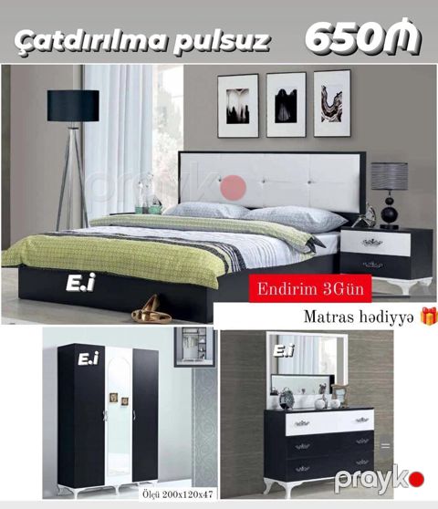Yataq otağı dəsti – müasir dizayn, qara-ağ rəng palitrası Dəst — Bakı