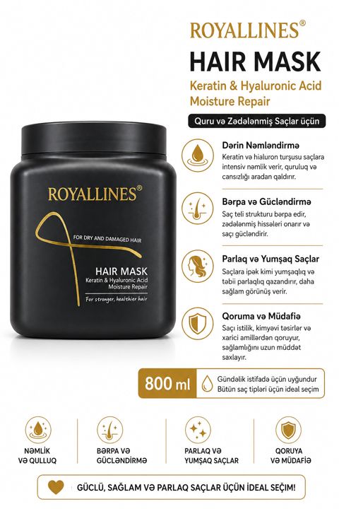 Saç maskası Royallines Keratin & Hyaluronic Acid Moisture Repair, 800 ml — Bakı