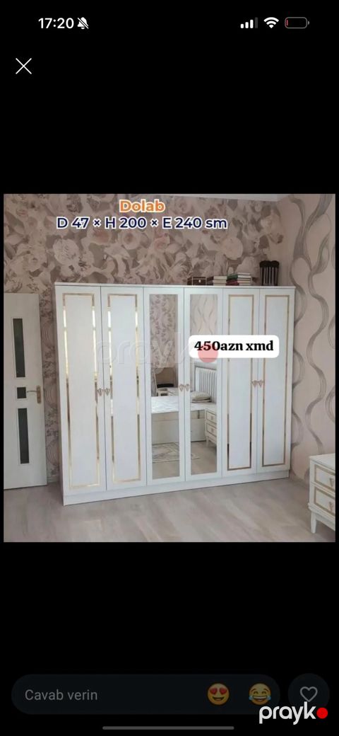 Dolab – ölçülər: D 47 H 200 E 240 sm. Ağ rəngli, qızılı dekor — Bakı