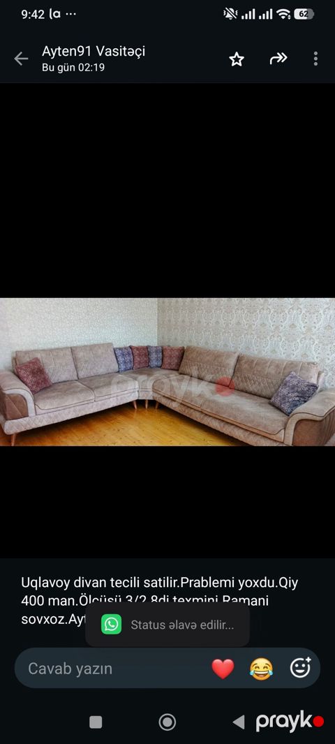 Uqlavoy divan satilir.Prablemi yoxdu.Qiy 400 man.Ölçüsü 3/2.8di — Bakı