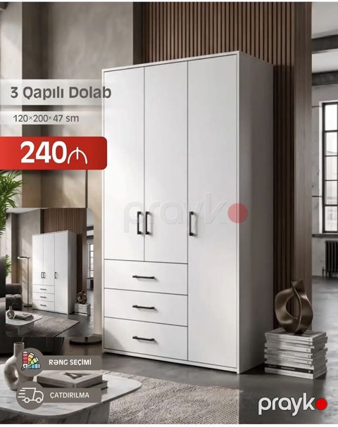 3 qapılı dolab – müasir minimal dizayn, qara metal tutacaqlar ilə — Bakı