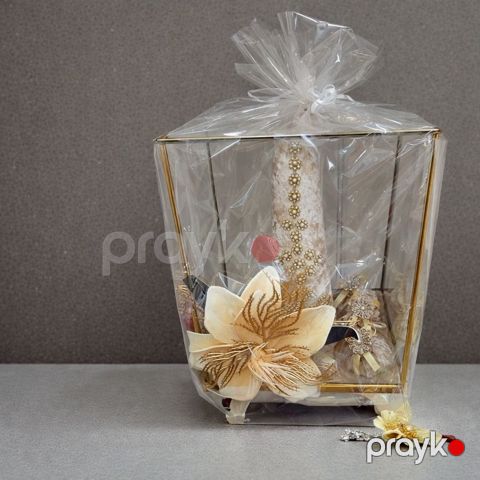 Toy üçün dekor və bəzək məhsulları, qızılı çərçivəli və şüşə qablı, bej rəngli qənd və nabat xonçası, parça, plastik, şüşə - BNE - 1914 — Bakı