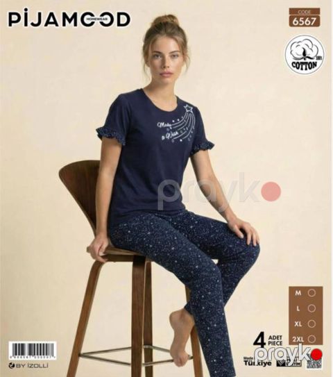 Şalvarlı pijama dəsti qadınlar üçün Pijamood 6567_RB, pambıq, göy, ölçü XL — Bakı