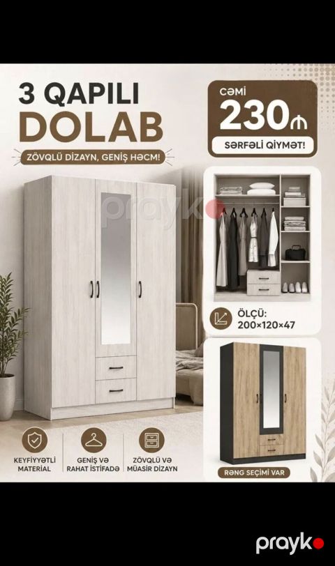 3 qapılı geyim dolabı - Ölçü: 200 120 47 sm - Geniş həcm: asılqan — Bakı