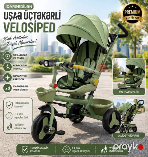 Uşaq üçün üçtəkərli idarə olunan velosiped Vpkid Comfort yaşıl — Bakı