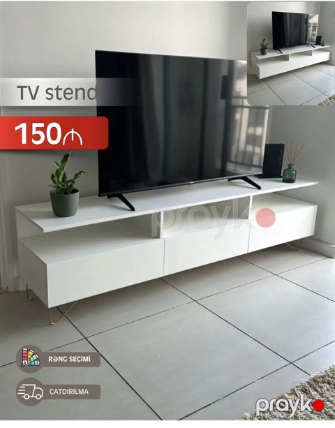 TV stend - Minimalist dizaynlı, ağ rəngdə TV stend - Geniş üst səth — Bakı