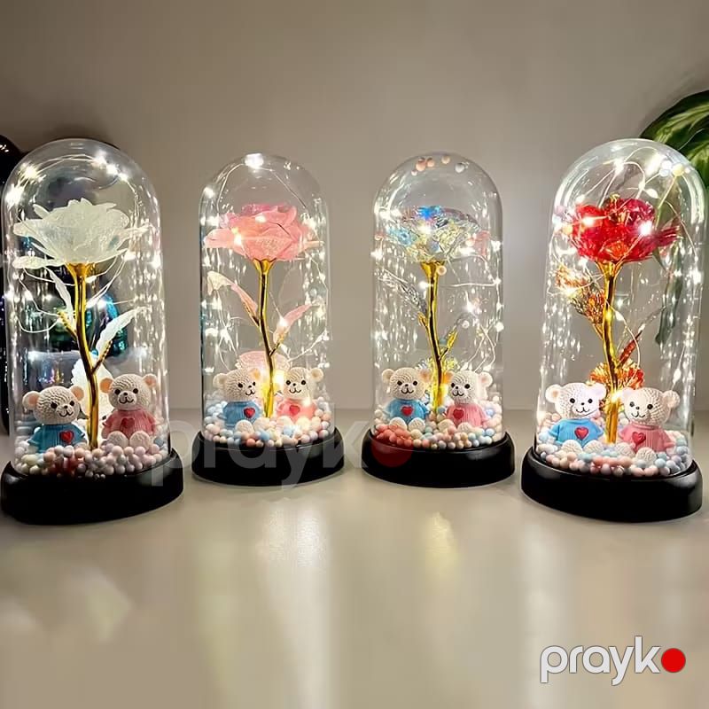 LED İşıqlı Şüşə Fanusda Romantik Gül və Cütlük Ayılar Suveniri — Oyuncaqlar, Bakı (3)