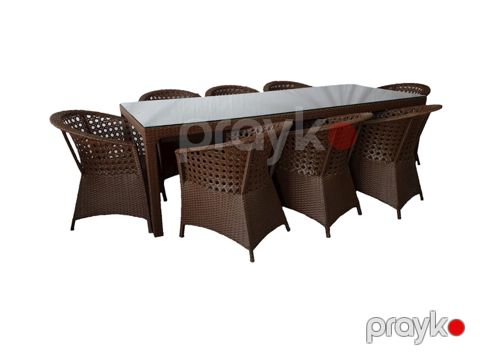 Bağ üçün mebel dəsti Zili Rattan Sofiya 8 nəfərlik, qəhvəyi; masa ölçüsü: 100x240 sm, hündürlüyü 75 sm; kreslo ölçüsü: eni 63 sm, hündürlüyü 80 sm