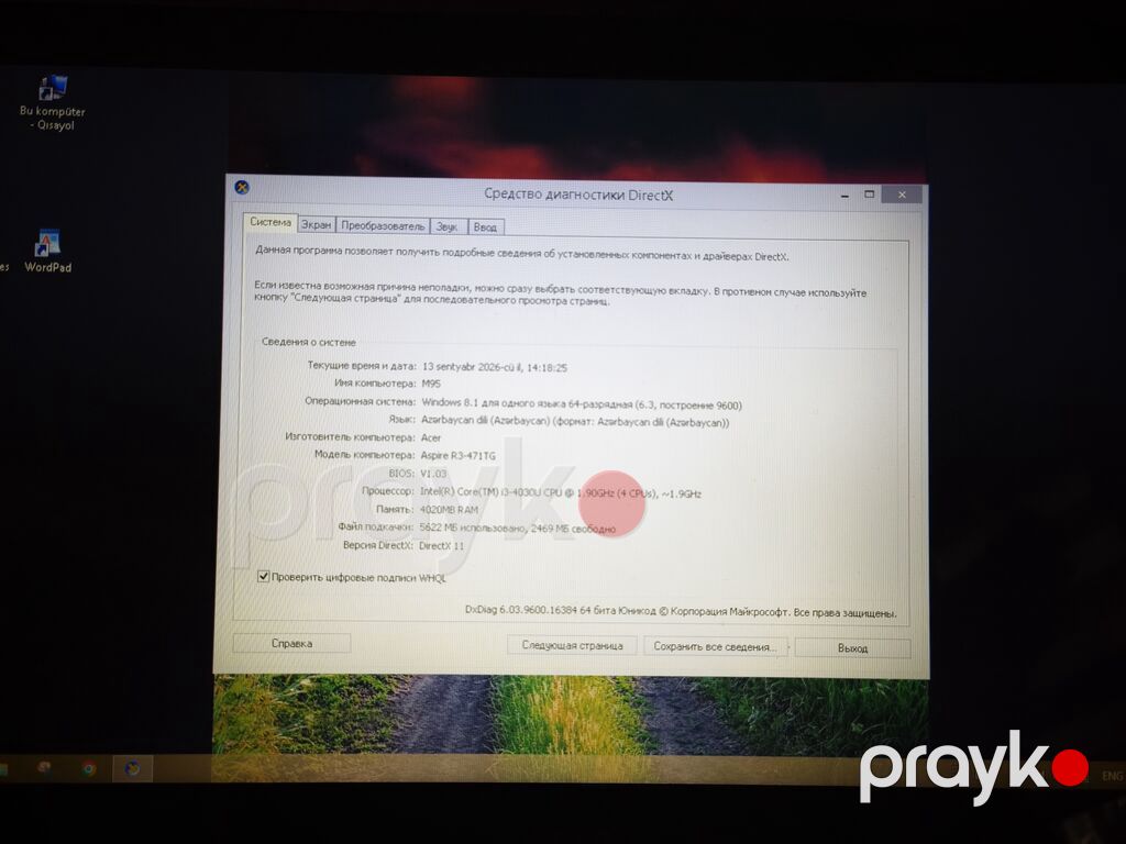Prosessor İntel i3-4030U 1.90 GHz Ram 4GB Yaddaş 512 Heç bir — Acer, Bakı (3)
