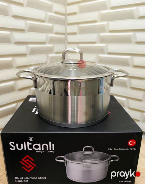 Qazan Sultanlı, 24x13 sm, 5.7 l, paslanmaz polad, qapağı şüşə, tutacaqları gümüşü, Türkiyə istehsalı, gümüşü - TW-RZ233 — Bakı