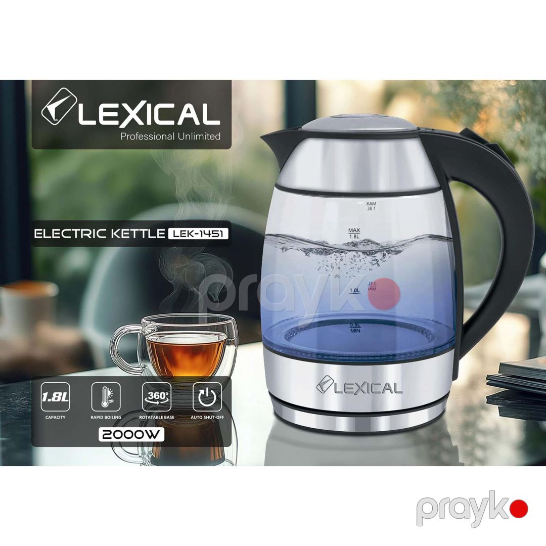 Lexical LEK-1451 Şüşə Elektrik Çaydanı – 1.8 L, 2200W, Mavi LED İşıqlı — Ev texnikası, Bakı (6)