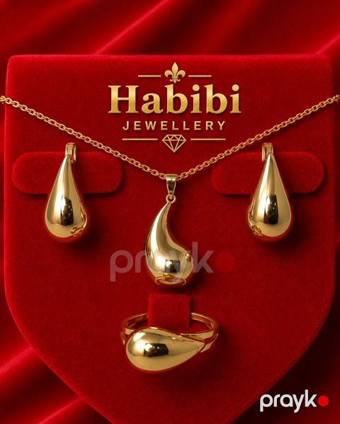 Zinət dəsti kulonlu zəncir, sırğa və üzük Habibi Jewellery HJ785, qızıl 585 əyar, 7.88 q