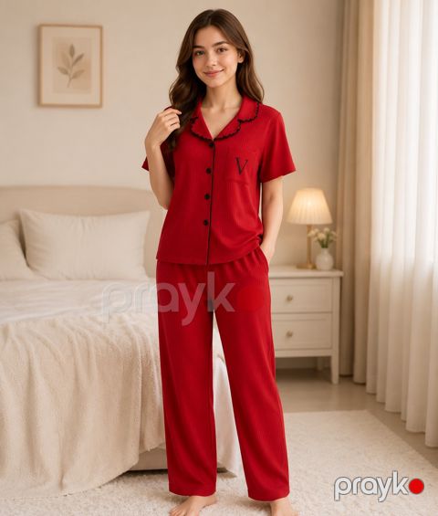 Qadınlar üçün şalvarlı pijama dəsti 2186, qırmızı, makaronka, ölçü XL — Bakı