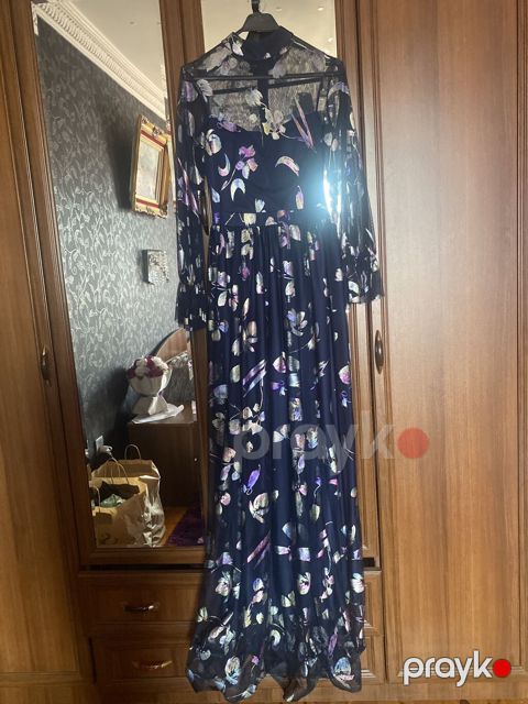 Qadın uzun don – tünd göy rəng, çiçək naxışlı şifon - Model: Maxi — Bakı