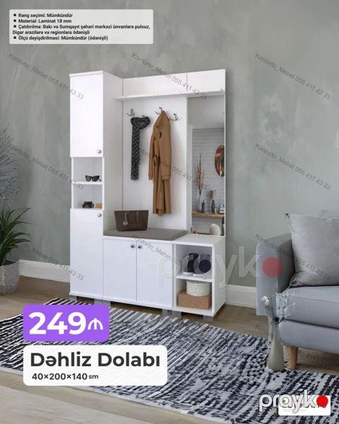 Dəhliz Dolabı – 40×200×140 sm Açar-asılqanlı, güzgülü və çoxbölməli — Bakı