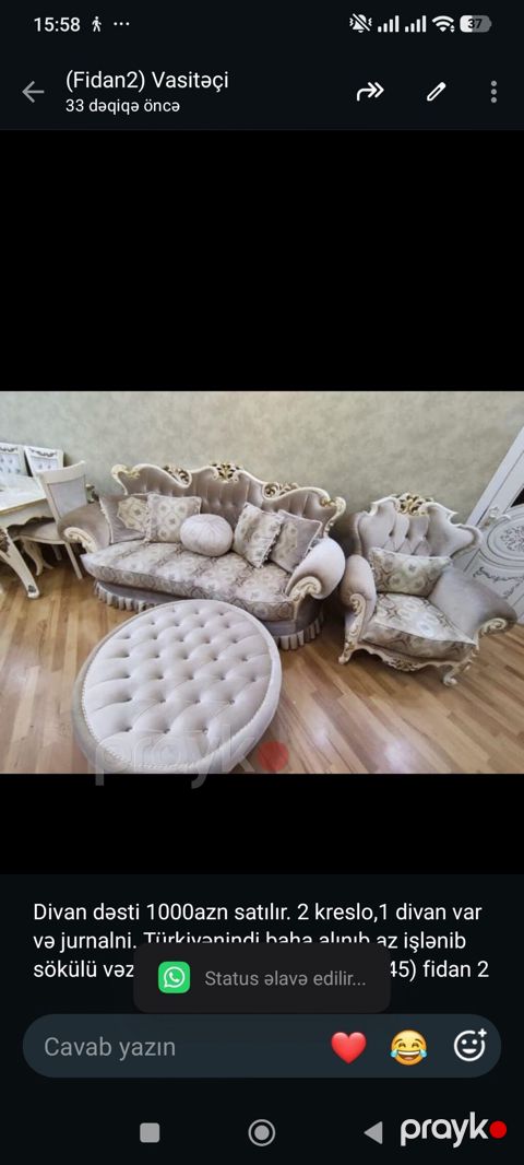 Divan dəsti 1000azn satılır. 2 kreslo,1 divan var və jurnalni — Bakı